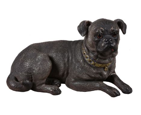 An Austrian painted terracotta model of a recumbent pug, first half 20th century, portrayed with head turned to dexter, with 
