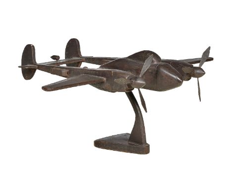 A patinated metal display model of the North American Lockheed P-38 Lightning twin fuselage fighter aircraft, 20th century, s