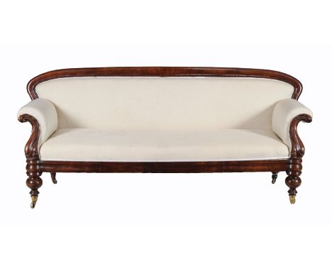 A Victorian mahogany and upholstered sofa, circa 1860, 97cm high, 235cm wide, 75cm deep