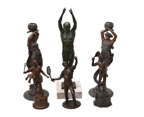 A small collection of Continental metal sculpture, 20th century, comprising three various models of tennis players, one on an