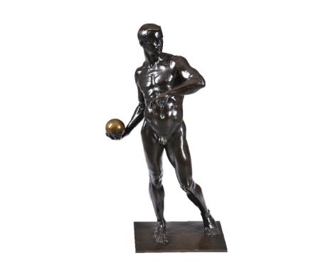 Franz Iffland, (German 1862 - 1935), a patinated bronze model of an athlete, portrayed nude, standing and with pronounced mus
