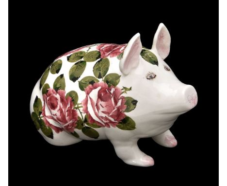 A Wemyss (Plicta) model of a pig painted by Joseph Nekola with roses, circa 1930, Bovey Tracy period, green printed marks, tr