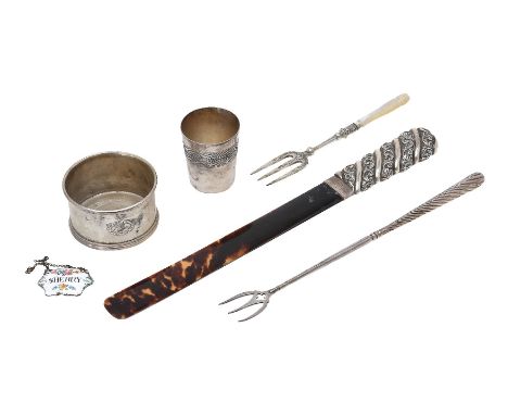 ϒA late Victorian silver mounted tortoiseshell page turner by Edmund Bennett, London 1898, the handle wrythen moulded with pl