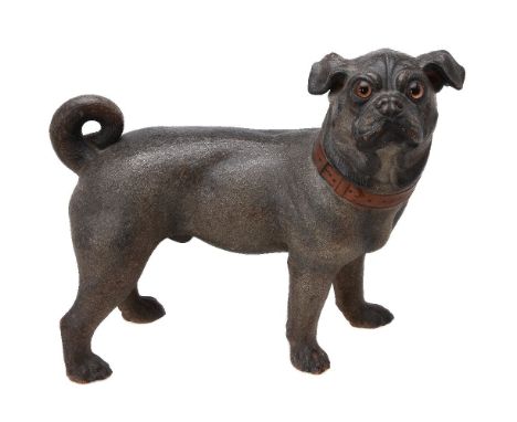 An Austrian painted terracotta model of a standing pug, early 20th century, portrayed with head turned to dexter, with inset 