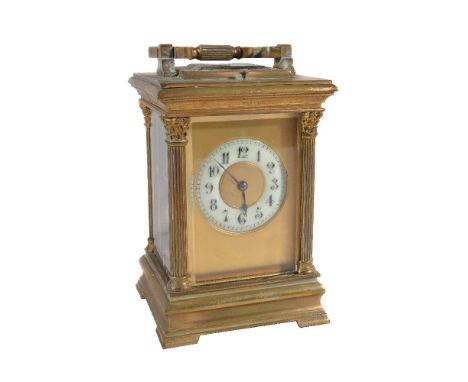 A French brass repeater carriage clock, circa 1910, with eight-day gong striking movement with replacement platform lever esc