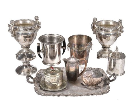 A collection of electro-plated items, to include: a pair of urn shaped vases, with grape vine borders and twin putti handles,