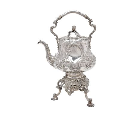 ϒAn electro-plated baluster kettle on stand, late 20th century, with a foliate double scroll handle, with ivory bands, a foli