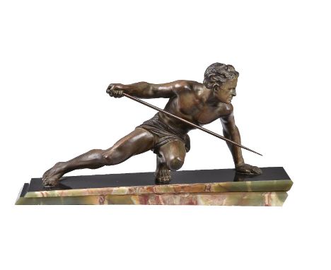 An Art Deco cold painted spelter and onyx mounted model of a huntsman, circa 1930, portrayed as nude but for a loincloth, cro
