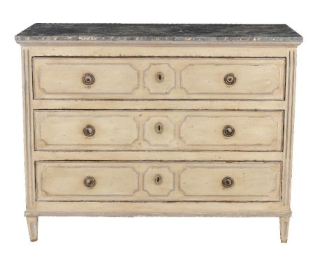 A French painted commode, 19th century, the top simulating grey marble above three long drawers, 101cm high, 131cm wide, 58cm