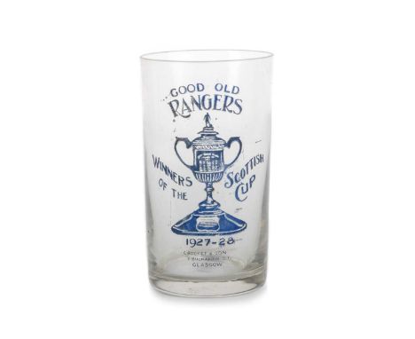 RANGERS F.C., SCOTTISH CUP WINNERS COMMEMORATIVE GLASS TUMBLER, 1927/28  the cylindrical tumbler with transfer printed inscri