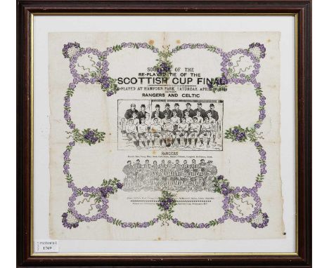 RANGERS F.C. VS. CELTIC F.C., SCOTTISH CUP FINAL RE-PLAY CREPE PAPER SOUVENIR, 17TH APRIL 1909  printed with match details, t