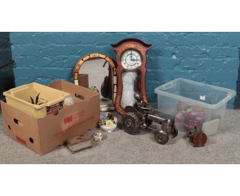 Two boxes of miscellaneous. President pendulum wall clock, Tractor wine bottle holder, trinket boxes etc  