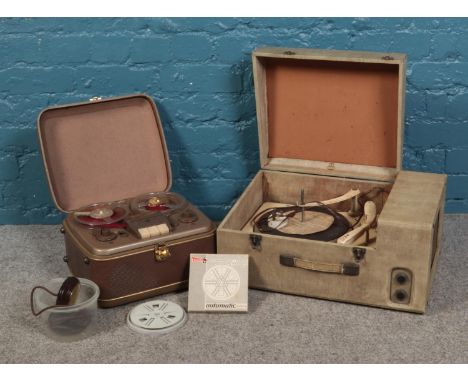 A Grundig TK5 reel to reel tape recorder and Collaro portable record player. To include an extra boxed tape and speakers.  Ta