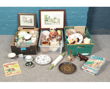 Three boxes of miscellaneous. Including John Rudkin signed print, Royal Winton planter, character jugs, annuals, etc.  