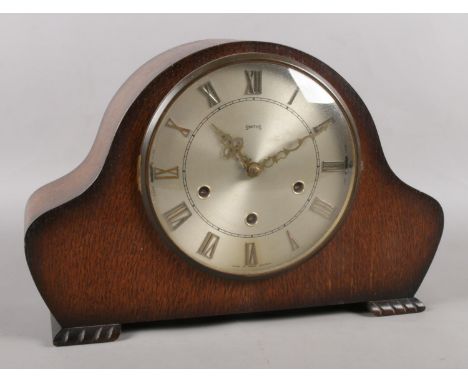 A Smith's mahogany 8-day mantle clock, with Roman Numeral dial, Westminster and Whittington chimes, or silent option. 32cm wi
