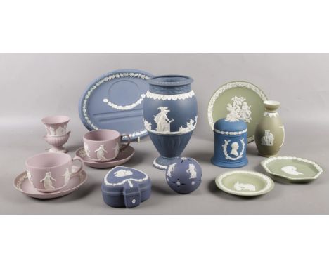 A collection of Wedgwood Jasperware ceramic's. Vase, cups/saucers, trinket box etc  