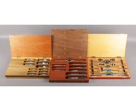 Three boxed sets of BSP (British Standard Production) and BSW (British Standard Whitworth) milling taps and dies, including J
