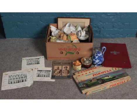 A box of miscellaneous. Including National Cricket team photographs with printed signatures, vintage board games, blue &amp; 