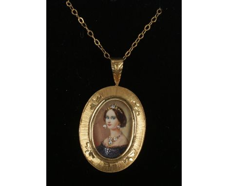 An 18ct gold Italian miniature portrait pendant, hand painted and gem set. On yellow metal chain.  