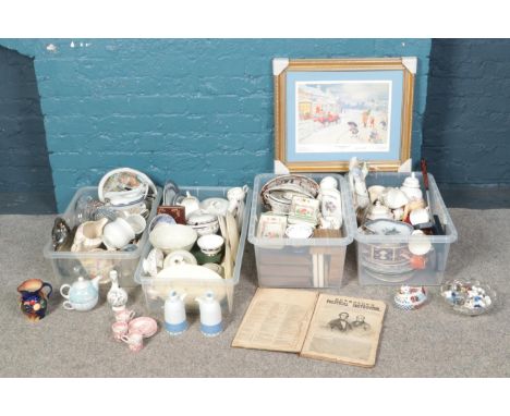 Four boxes of miscellaneous. Including Rupert print, Lladro style figure, Reynold's political instructor dated 1850, cabinet 