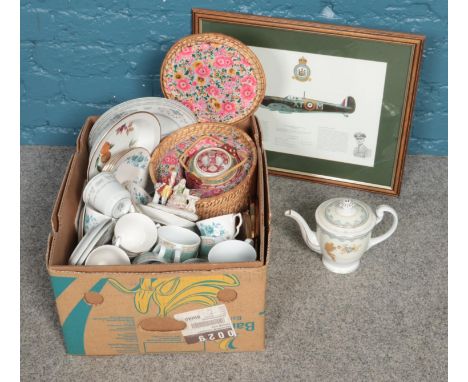 A box of miscellaneous. Includes boxed Chinese teapot, Wedgwood Aztec teawares, Shinto China, framed Vickers Supermarine Spit