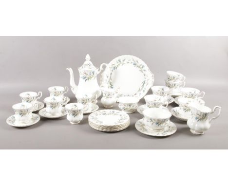 A Royal Albert 'Brigadoon' design tea and coffee set. Comprising of coffee pot, six coffee/tea cups, five coffee saucers, six