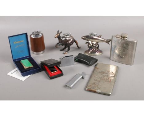 A collection of mainly vintage lighters. Kingsway Avenger (boxed), Kingstar Juno (boxed) etc. To include  a Jack Daniels hip 