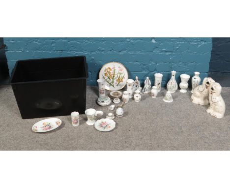 A box of assorted named ceramics. To include a pair of Royal Doulton dogs, Aynsley (Howard Sprays) Coalport mini egg, Aynsley