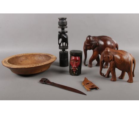 A quantity of wood &amp; treen. To include elephant -candlestick, two figures, &amp; bookmark.  
