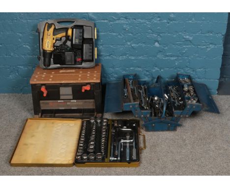 A quantity of tools. To include complete Hilka socket set, Black and Decker 'Benchmaster' seat and storage box, toolbox and M