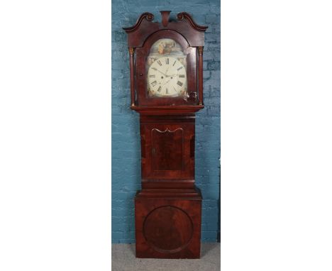 An 8 day mahogany cased longcase clock with painted dial depicting figures.  Pieces of wood missing and some loose.