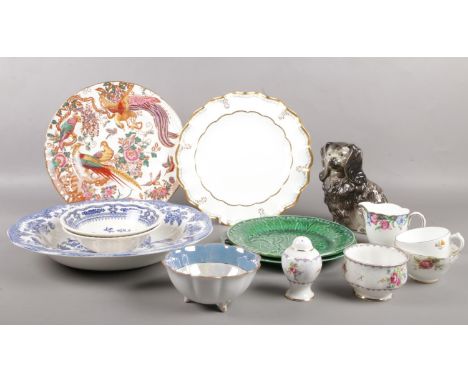 A quantity of ceramic's. Royal Crown Derby 'Lambardy' plate, vintage staffordshire style mantel dog, Noritake dish etc  