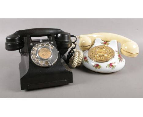 Two vintage telephones. Bakelite rotary dial call exchange telephone &amp; Royal Albert Old Country Roses telephone.  