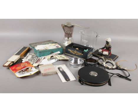 A quantity of collectables and costume jewellery. Including figural jewellery box &amp; contents, vintage cream maker, tape m