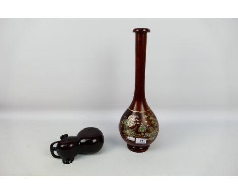 2 x Chinese wooden items to include a wooden vase with dragon patterns, marked with the letter R on the underside. A Chinese 