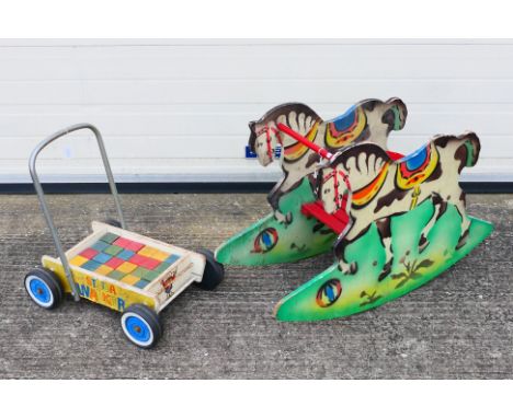 Wooden Toys - 2 x vintage wooden toys, a Strida Walker push along cart with wooden building blocks and a Rocking Horse seat w
