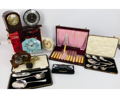A mixed lot to include a boxed Sony MDX-CA790X. 3 x silver plated and some nickel plated spoon, fork, and knife cutlery sets.