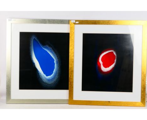 A pair of oil paint on boards by Michael R Reynolds entitled 'Atoll' and 'Aura'. Both items measure at 45cm x 52cm mounted an