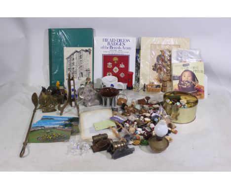 A collection of dolls house miniatures consisting jugs, rocking horse, vases, stool, and similar. Brass shoe horn, ship, pict