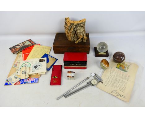 A mixed lot of collectables to include vintage Benson & Hedges Perfectos cigar box, darts, stamps and other. [W]