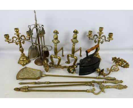 Brass - Assorted brass wear to include a pair of 3 armed candle holders, a pair of wall mounted candle holders, a set of fire