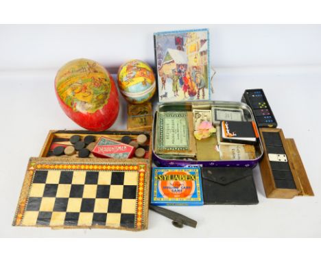 Mixed vintage games to include draughts, various card games, wooden jigsaw, dominoes and other. [W]