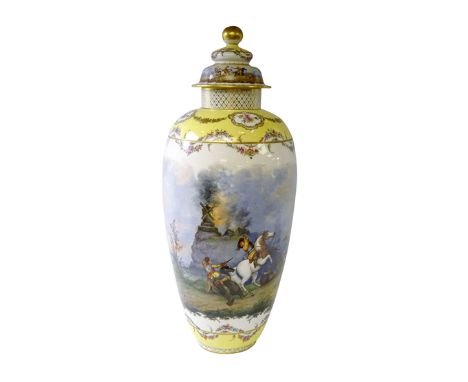 Berlin (K.P.M) porcelain floor vase and cover, c1900, the ovoid body hand painted with a Skirmish scene below a burning windm