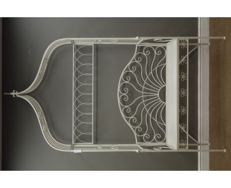 Milk white wrought metal arbor bench, W112cm, H202cm Condition Report Click here for further images, condition, auction times