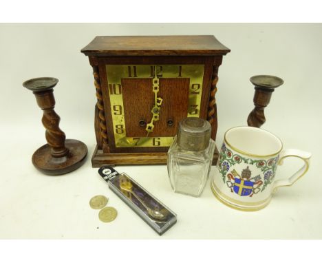 Oak and brass mounted mantle clock with barley twist pilasters with matched pair oak barley twist candle sticks, Edwardian et