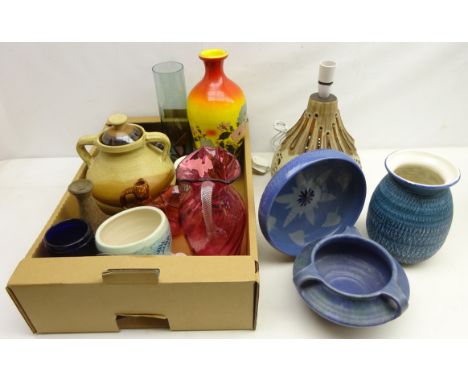 Art Nouveau style Upchurch pottery bowl with three handles and streak glaze, a studio pottery bowl with leaf motif to the int