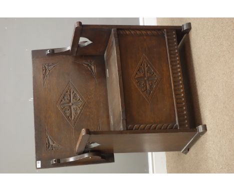 20th century medium oak monks bench with storage seat, lozenge carved panelled front, W77cm, H89cm, D42cm Condition Report Cl