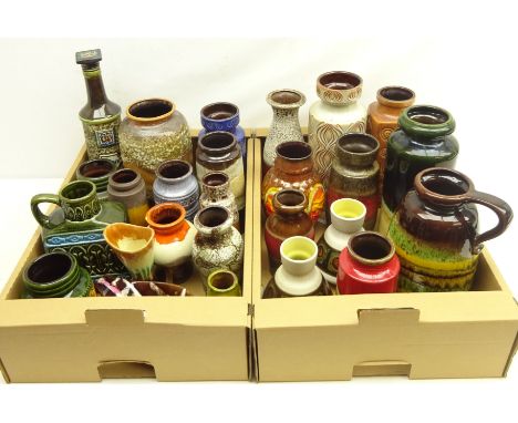 Collection of West German pottery vases, jugs, dishes, Cognac bottle etc in two boxes Condition Report Click here for further