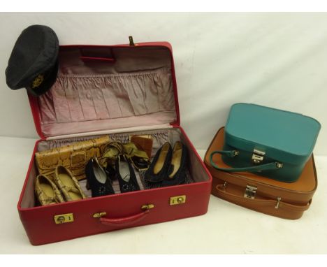 Vintage Antler suitcase & two other vintage cases, snakeskin handbag & shoes, other vintage shoes, fox fur shawl, mink fur sh