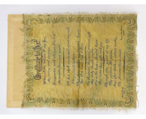 Victorian Royal Free Mason's School sampler 'Gratitude to God', worked by Sarah Purdy, unframed, H52cm x W43cm  Condition Rep